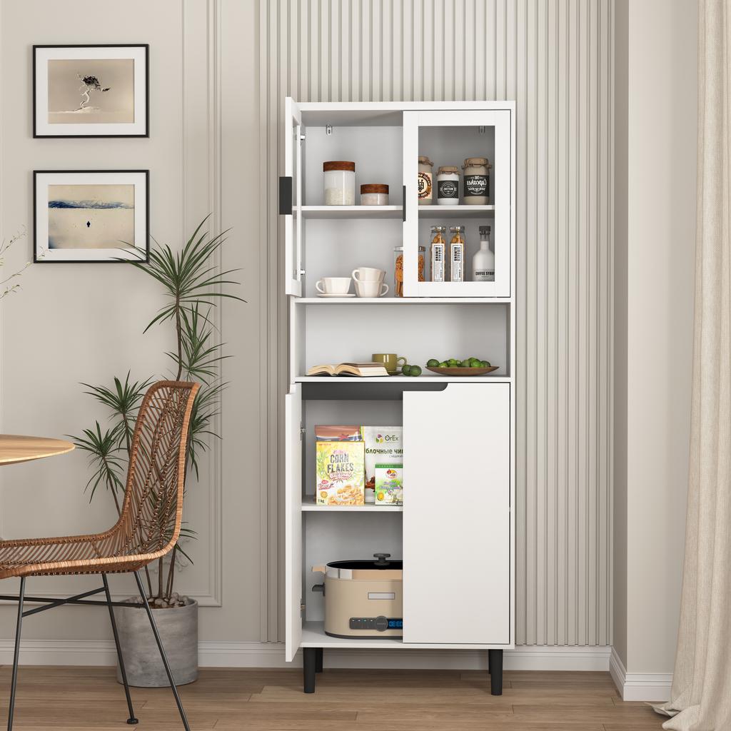 Tall Bookshelf with Tempered Glass Door and Adjustable Shelf, 4 Doors, Painted MDF Cabinet, White, Storage for Living Room and Bedroom