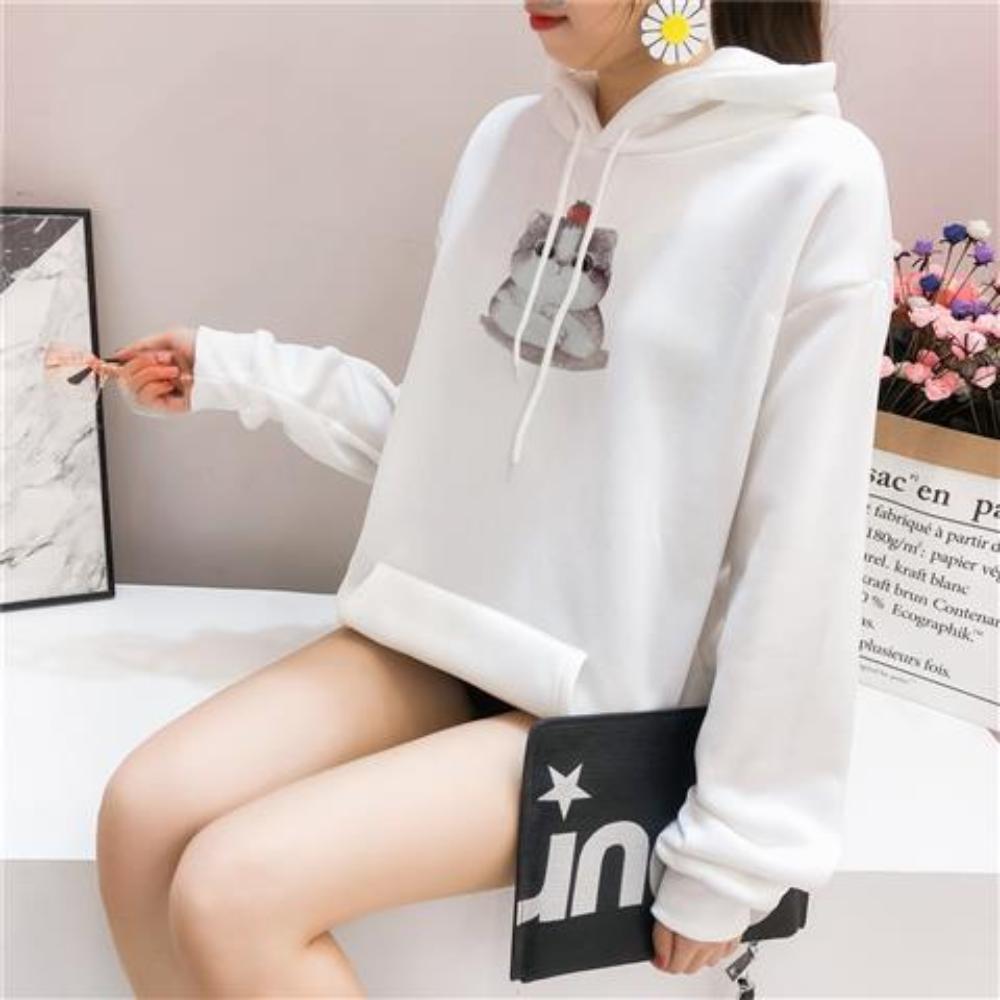 Felpa con cappuccio in velluto stampato cartone animato da donna per autunno inverno, pullover casual a maniche lunghe con cappuccio e tasca