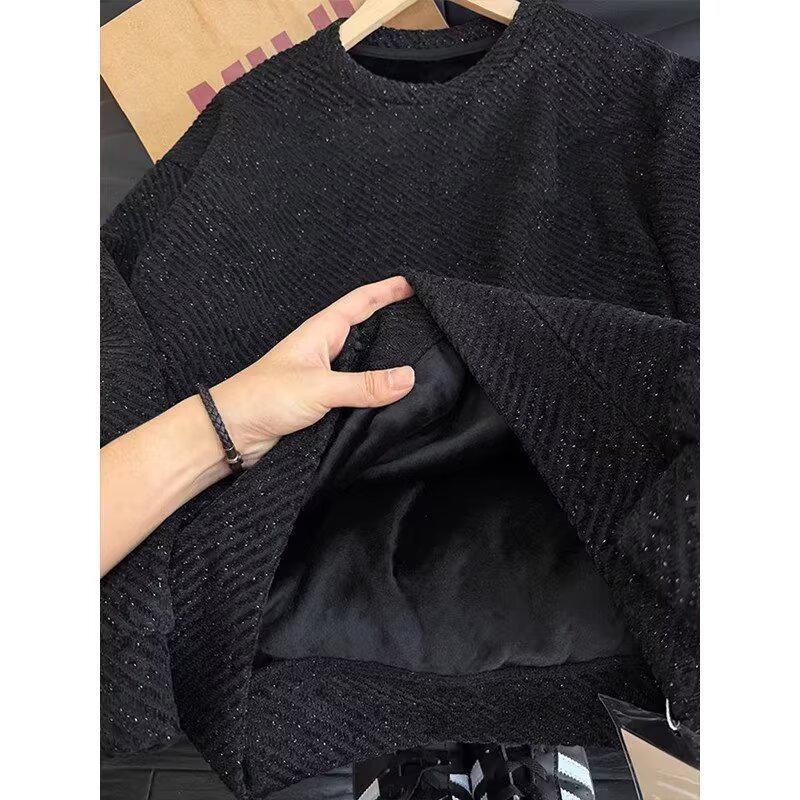 Pull à manches longues polyvalent 2026: Sweat à capuche chaud en velours, col rond et couleur unie tendance, idéal pour l'automne/hiver