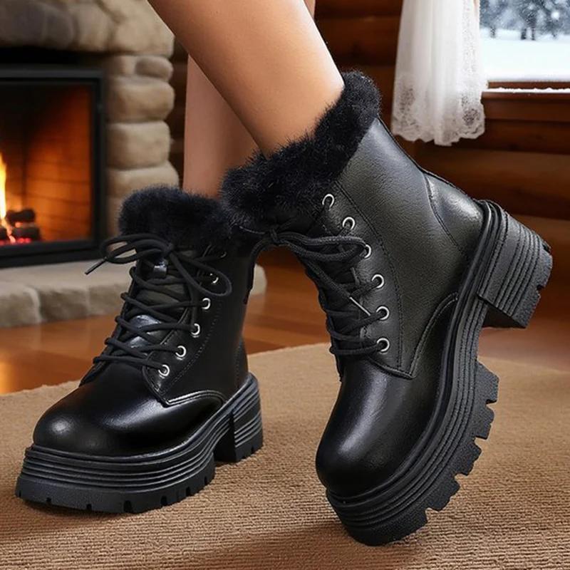 Übergröße 42 Klobige Plateau Damen Winterstiefel Schnürstiefel Warm Verdicken Plüsch Stiefeletten für Damen Dicke Sohle Fell Botas Mujer