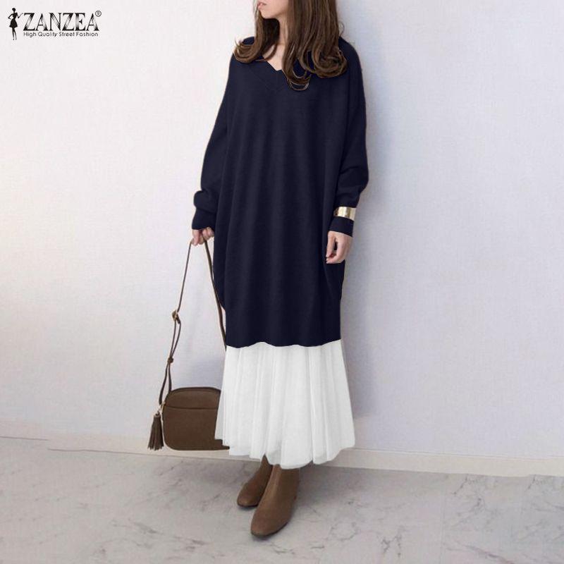 ZANZEA Women Casual Mesh Splice Loose V-neck Long Sleeve Dress