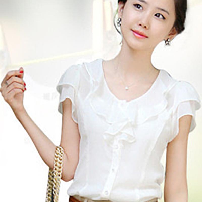 Short Sleeve Blouse Shirt Fashion Ruffles Ladies White Black Office Women