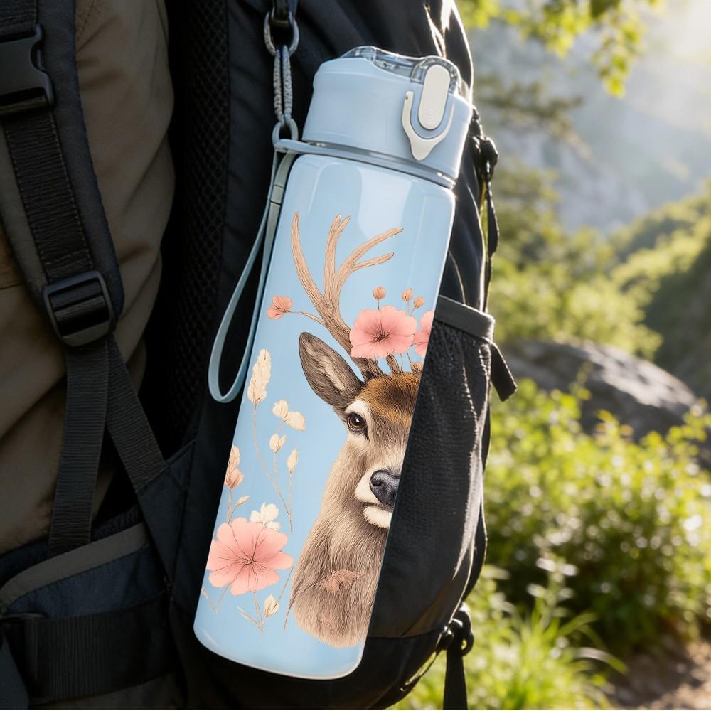 1PC Floral Deer Pattern 750ml Color Plastic Sports Water Bottle Leakproof Flip Straw Lid Suitable for Sports Office Home Use