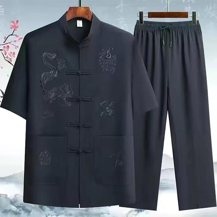 

Летний мужской костюм Тан: Воротник-стойка с коротким рукавом - легкий шелковый хлопок и лен для людей среднего и пожилого возраста.