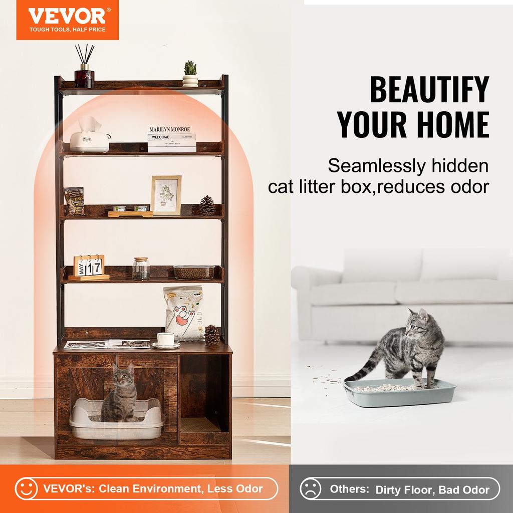 VEVOR Cat Litter Box Enclosure, Hidden Litter Box Furniture with 4 Storage Shelves, Wooden Cat Washroom Indoor