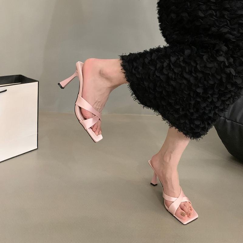 Fashion 2025 New Summer Square Toe Women's Fashion Slippers Fashion High Heel Dress Slides Casual Outdoor Footwear
