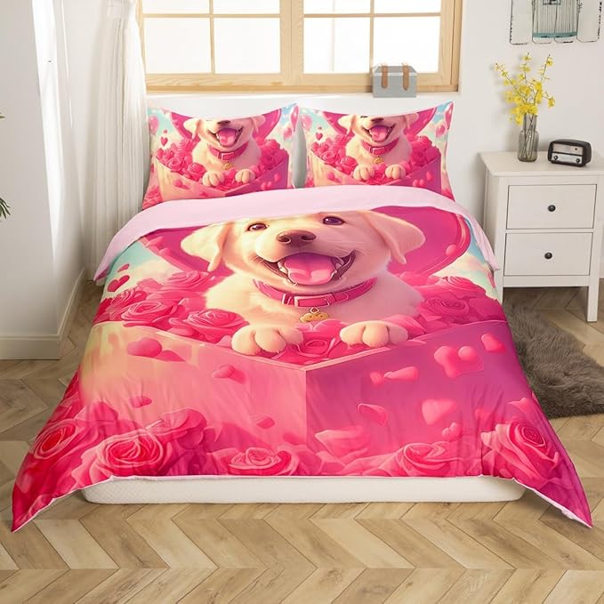 Cartoon Penguin Bedding Set Romantic Balloon Valentine's Day Comforter Cover Groovy Roses Flower Duvet Cover for Couple Lovers