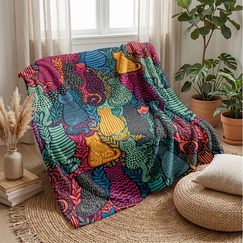 Colorful Cats Pattern blanket Personalized Name Flannel Blanket Soft Cozy Plush Throw for Sofa Bed Lightweight Home Decor