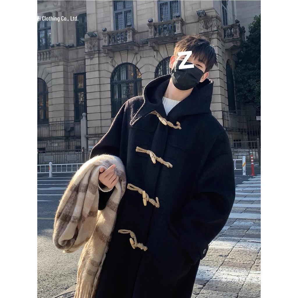 Men's College Style Horn Buckle Hooded Wool Coat, Cotton Padded, Thickened, Mid-Length, Over-the-Knee, Trendy for Autumn and Winter.