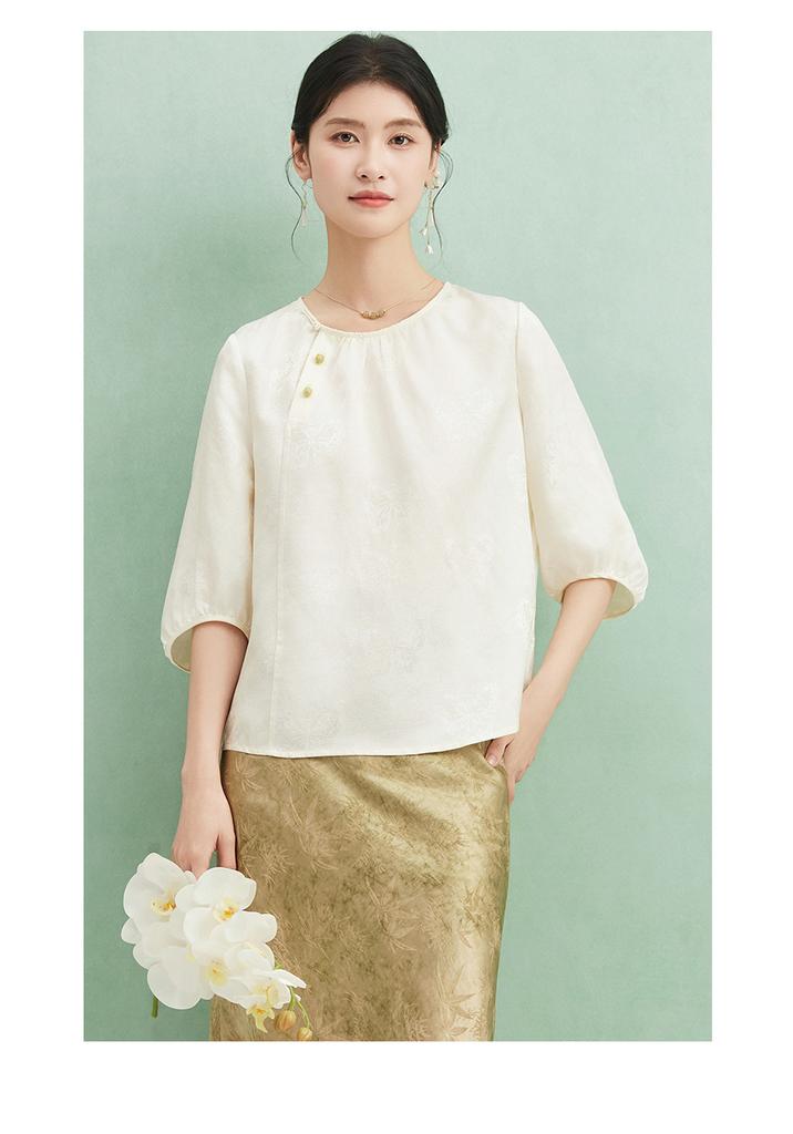 Mulberry Silk 100% [24mm Jacquard Bamboo Knot Flower Ivy] Round Neck Slanted Collar Butterfly Jacquard Shirt Summer