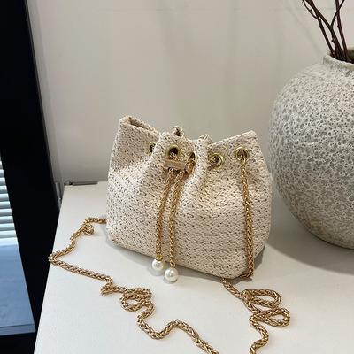 Summer Weaving Foreign Style 2025 New Fashion Drawstring Large Capacity Trend Chain Crossbody Beach Bucket Underarm Bag