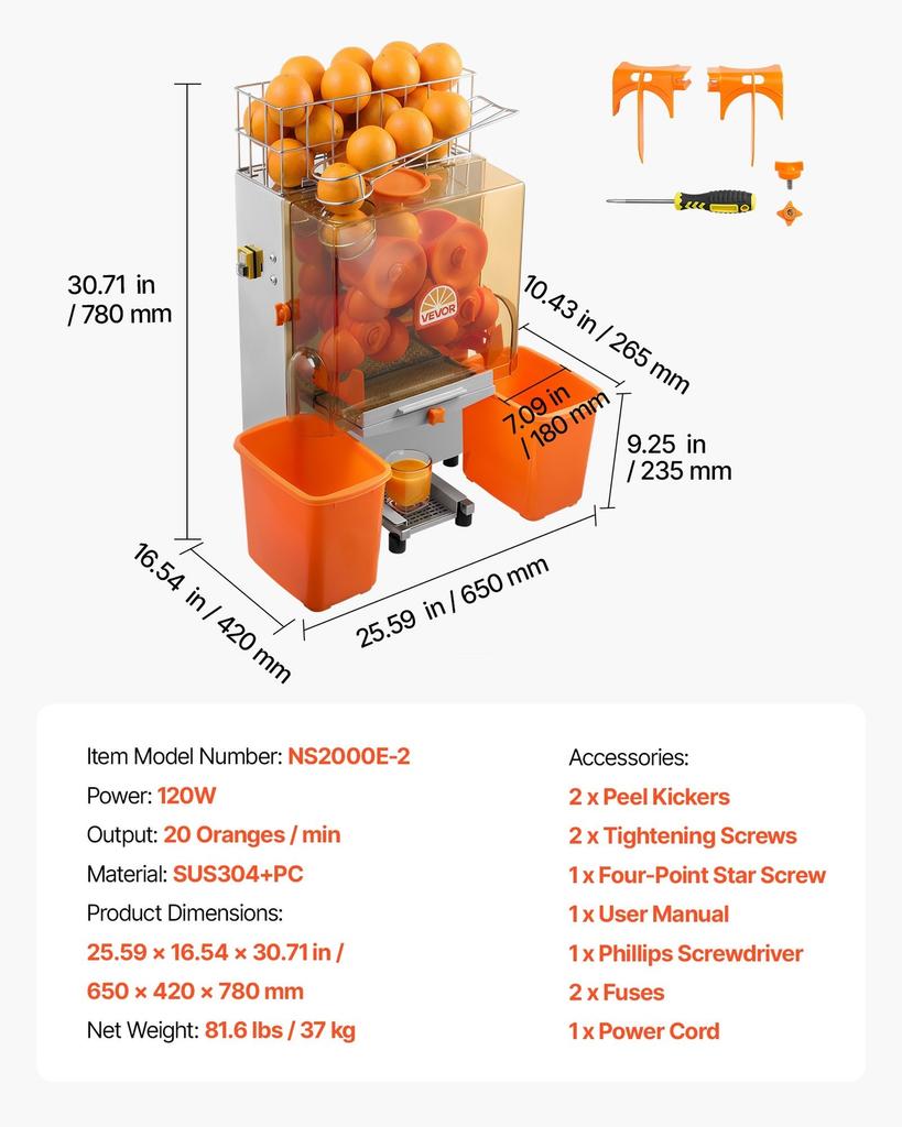 Commercial Orange Juicer Machine, 120W Electric Orange Juice Press, Stainless Steel Orange Squeezer for 20 per Minute, Lemon Citrus Pomegranates