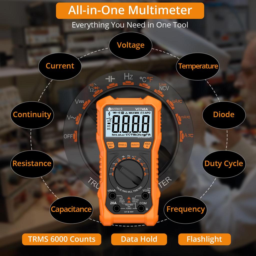 Neoteck 6000 Count TRMS Digital Multimeter Tester with AC/DC Voltage, AC/DC Current, Resistance, Capacitance, Frequency, Duty Cycle, Temperature, NCV