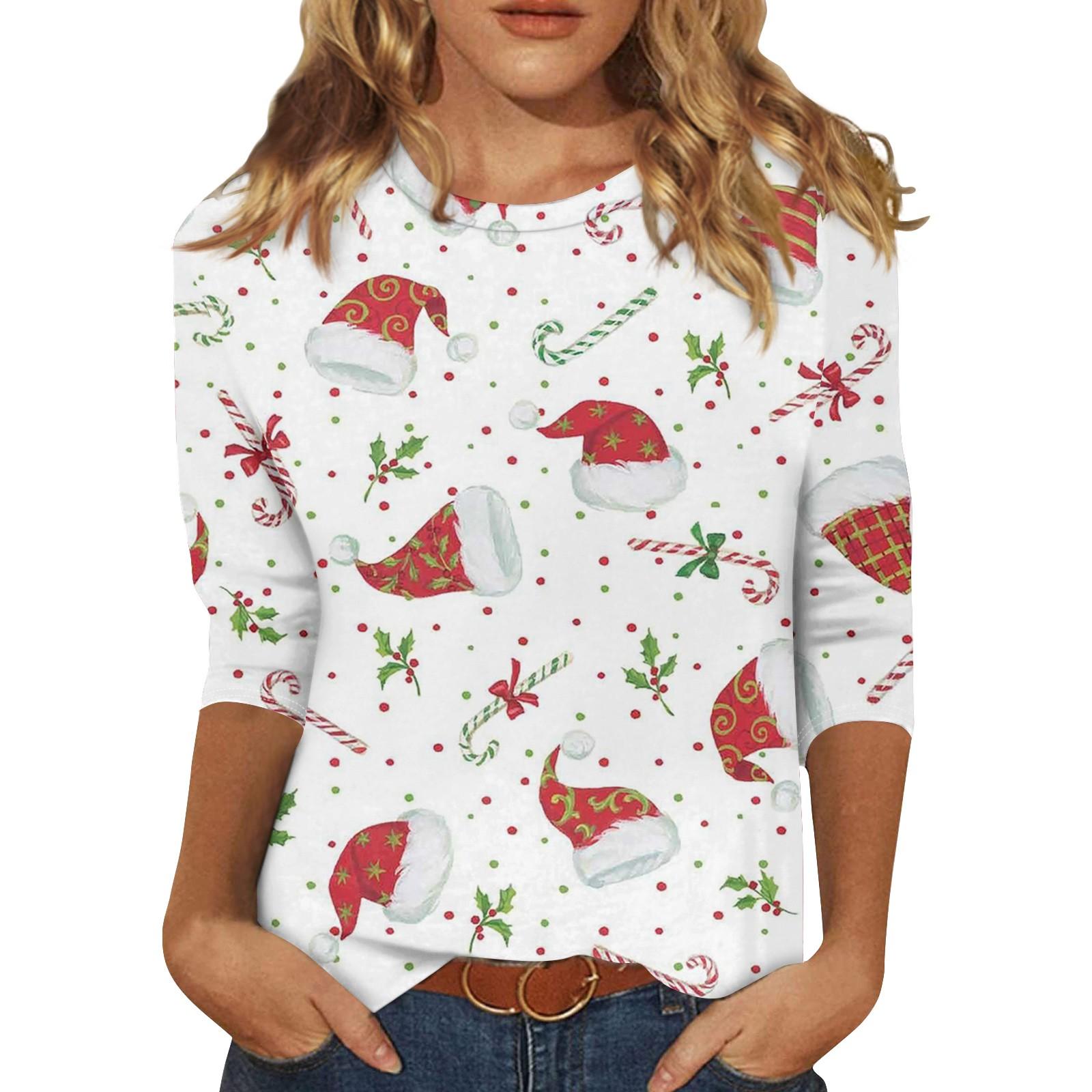 

Женская модная повседневная футболка с круглым вырезом и рождественским принтом, семь рукавов L белый