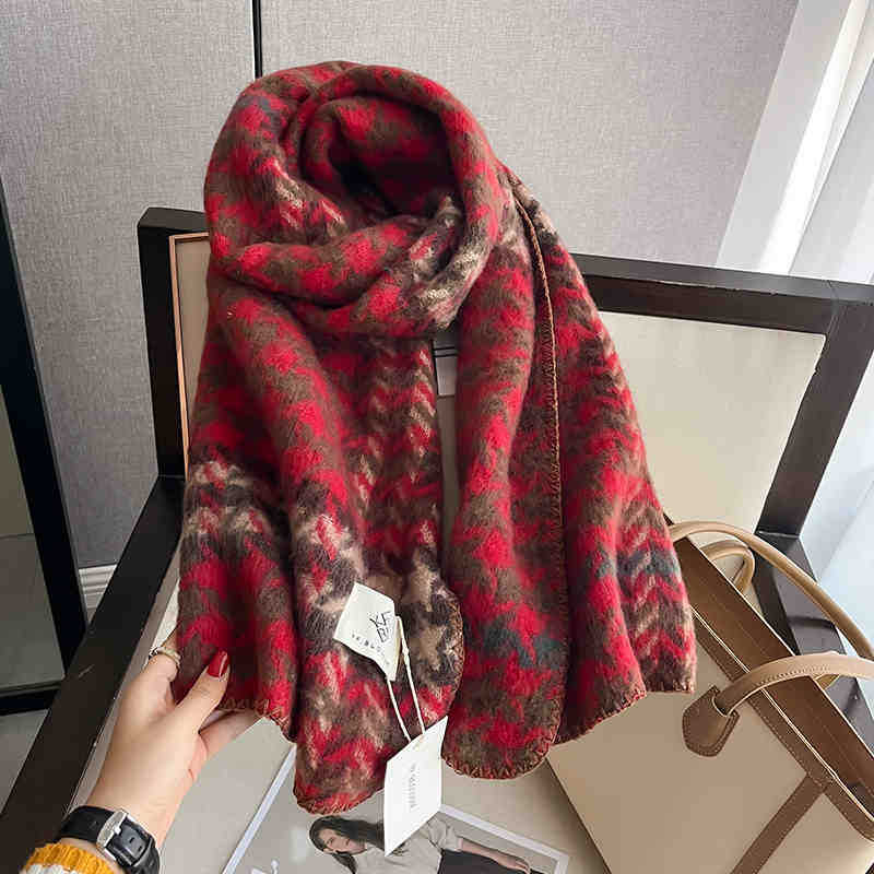 Vintage Czerwony Szal w Kratę Tysiąca Ptaków Damski Zimowy Studencki Ciepły Szal