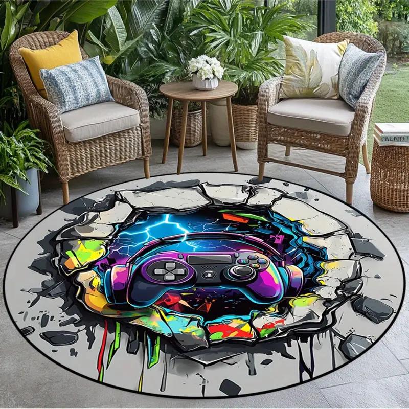 Gaming for Boys Room Gamer Casual Round Carpet with Controller Design Rug for Game Room Bedroom Decor Non-slip Floor Mat