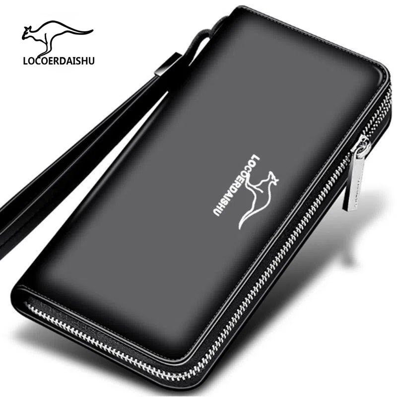 Men's Long Clutch Wallet with Multi-Card Slots, Phone Pocket, and Zippered Business Card Holder.