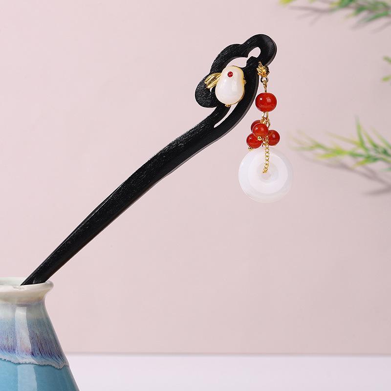 Ancient Style Ebony Imitation Wooden Tassel Hairpin - Hanfu Accessory for Women