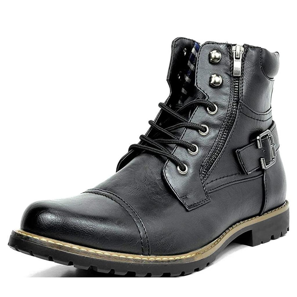 High Top Men Boots Metal Double Zipper Boots for Men Leather Punk Ankle Boots Retro Man Motorcycle Boot Zapatos Para Hombres