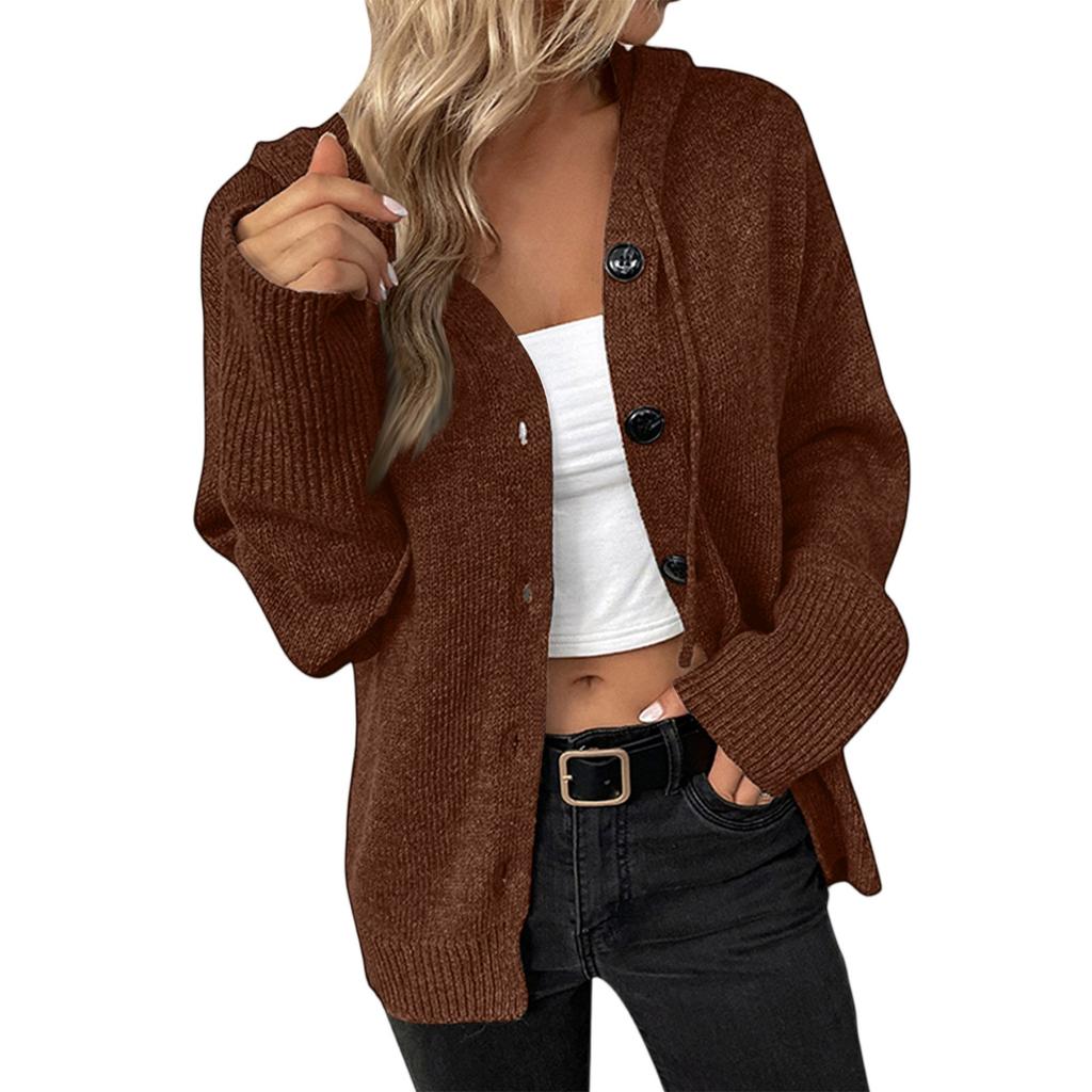 Women's New Autumn-Winter V-Neck Solid-Color Single- Knit Sweater Hooded Cardigan