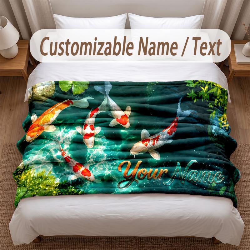 Koi Fish Theme Soft Blanket Personalized Custom Name Text Print Warm Blanket Home Sofa Bedroom Decor