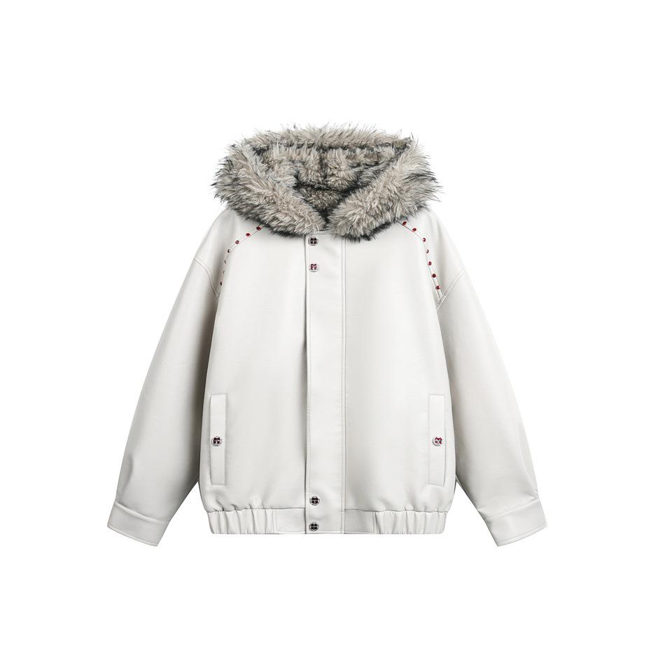 

ACE Winter Men s Trendy Hooded PU Leather Cotton Jacket, Double-Sided Thickened Coat HY8598 Large білий