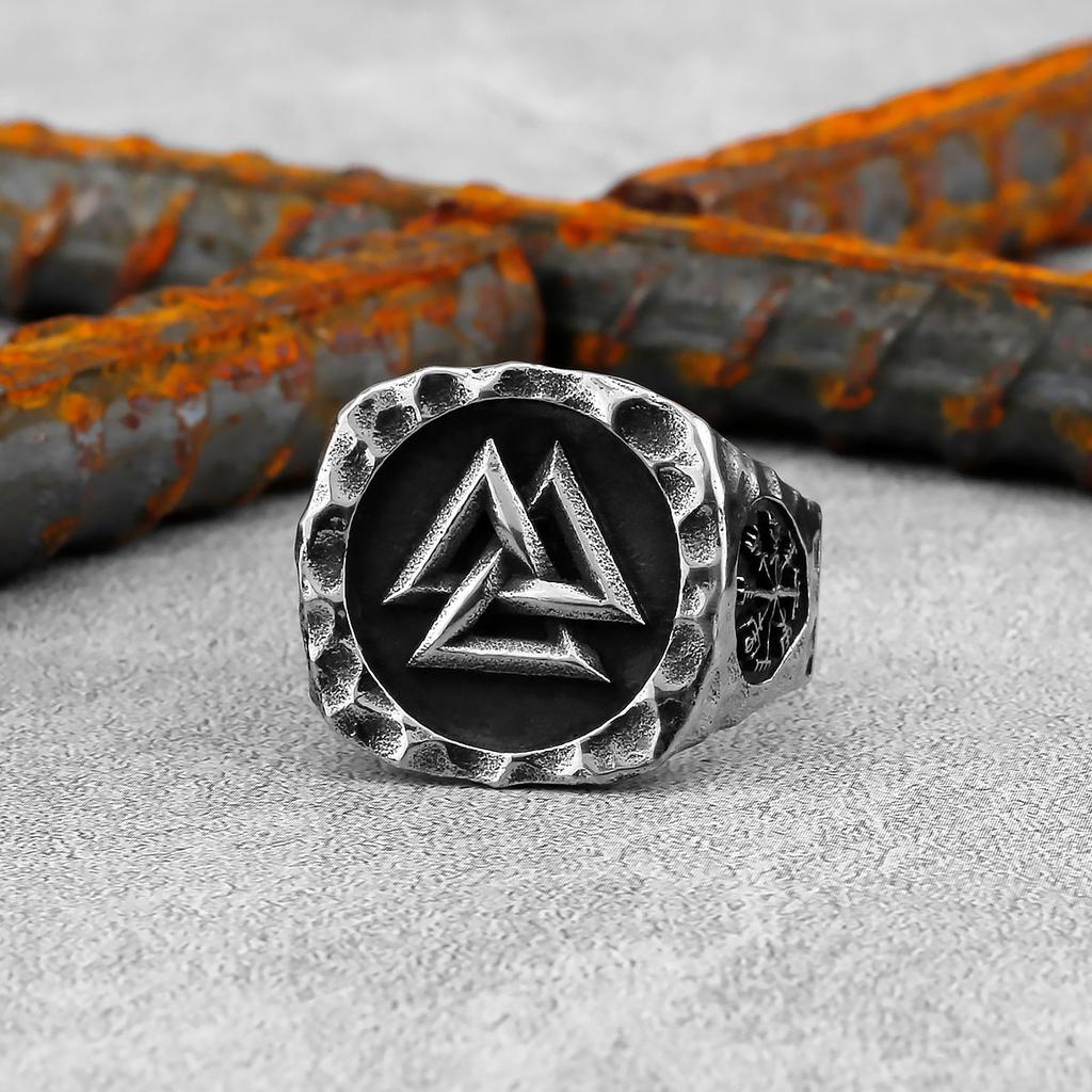 Vintage Nordic Valknut Ring Stainless Steel Viking Celtic Knot Ring Norse Compass Amulet Jewelry For Men