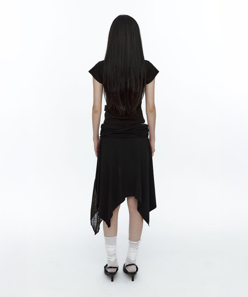 Rough Neck Knit Layer Drape Skirt Black