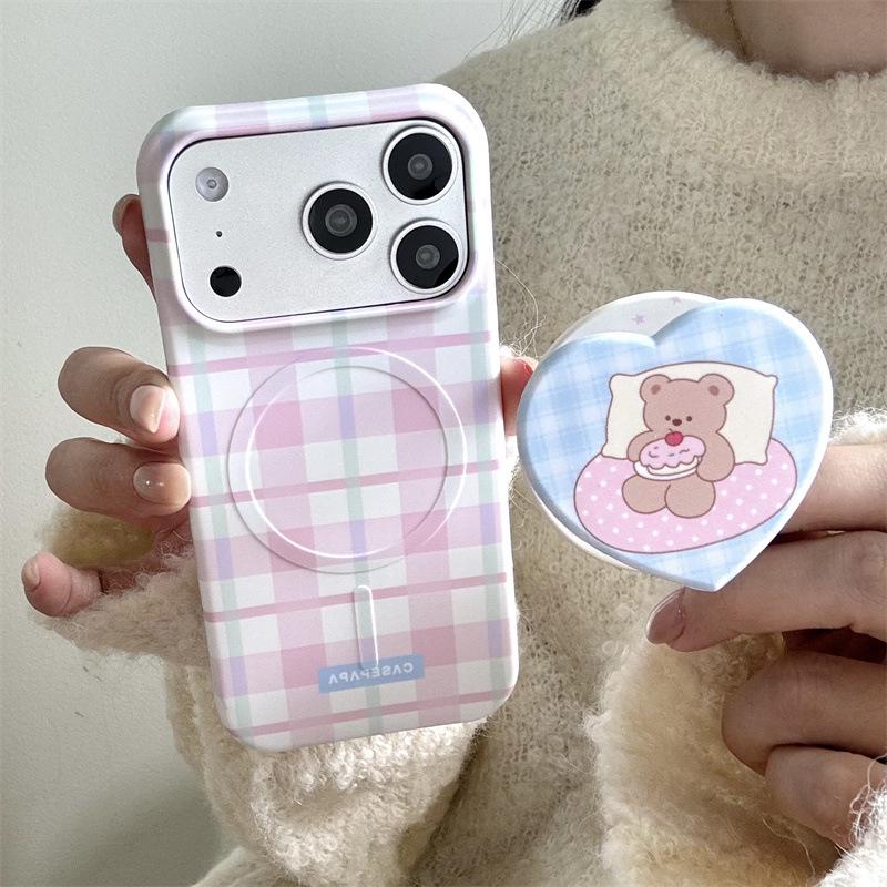 Plaid Heart Bear Apple 17 Pro Max Magnetic Phone Case for Besties