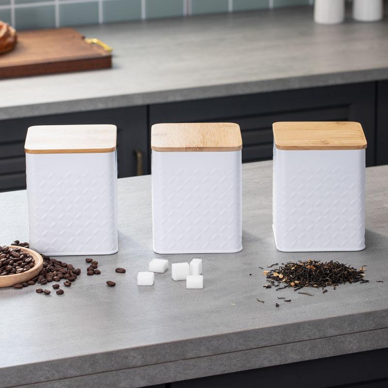 

Square metal pattern sealed jar coffee beans tea sugar food storage box 3-piece set bamboo cover storage tank
