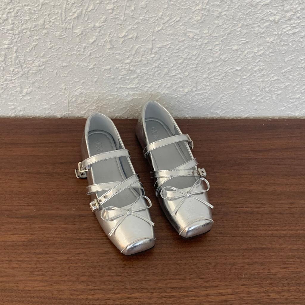 Retro Niche Design Flat-bottomed Square Head Single Shoes Ballet Shoes Early Autumn New French Silver Mary Jane Shoes Women's Shoes