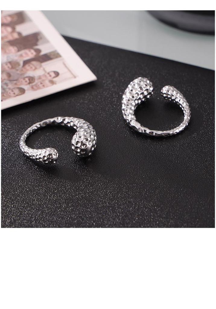 European & American Large Titanium Steel Water Drop Ring, 18K Gold Plated, Hammered Texture, Asymmetrical Open Design