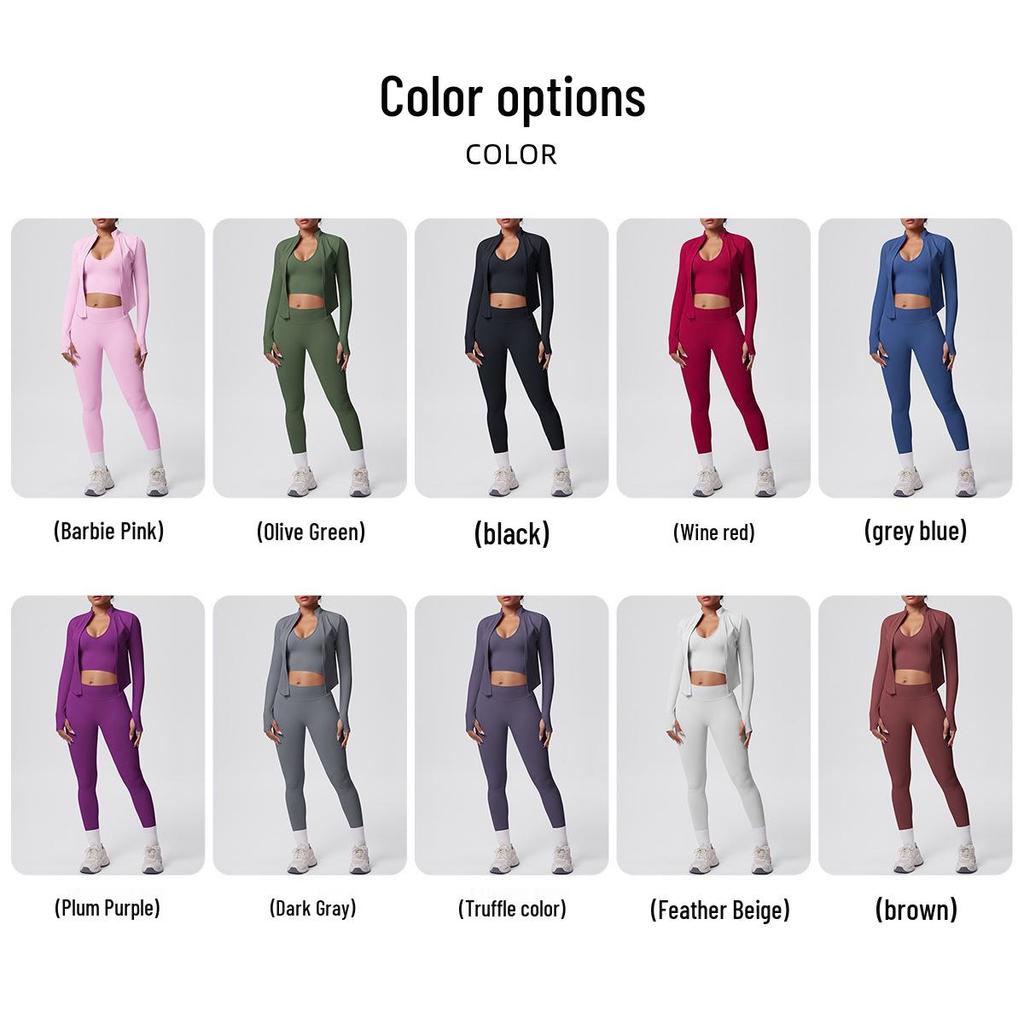 Women's Stand Collar Knit Zipper Jacket, Sports Bra & Yoga Pants Set