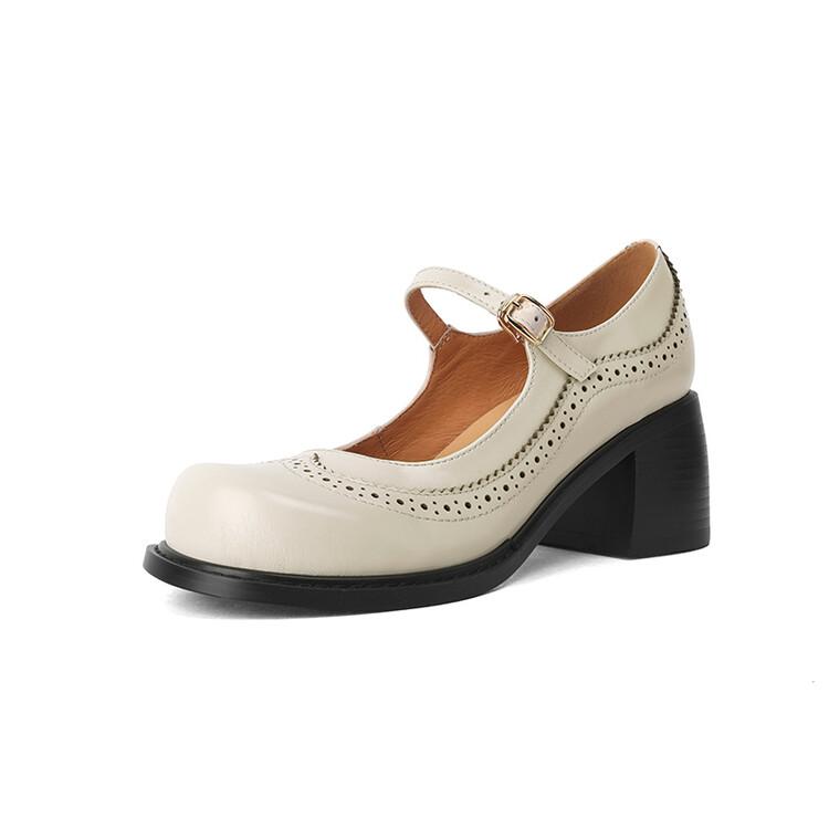 Fashion NEW Spring Women Pumps Genuine Leather Shoes for Women Round Toe Chunky Heel Shoes Retro Mary Janes Carving College Girl Shoes