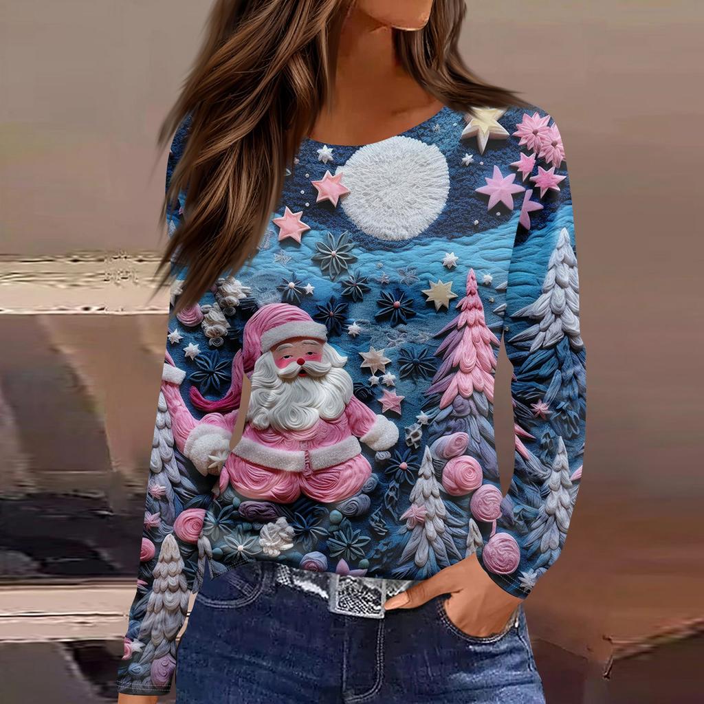 Women's Fashion Casual Slit Hem Round Neck Long Sleeve Loose  Printed T-Shirt Ladies Top