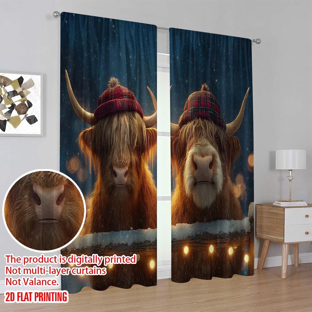2pcs 2D flat printing St Patrick's Day Curtains Highland cattle in the snow Polyester Without Electricity Birthday Party for