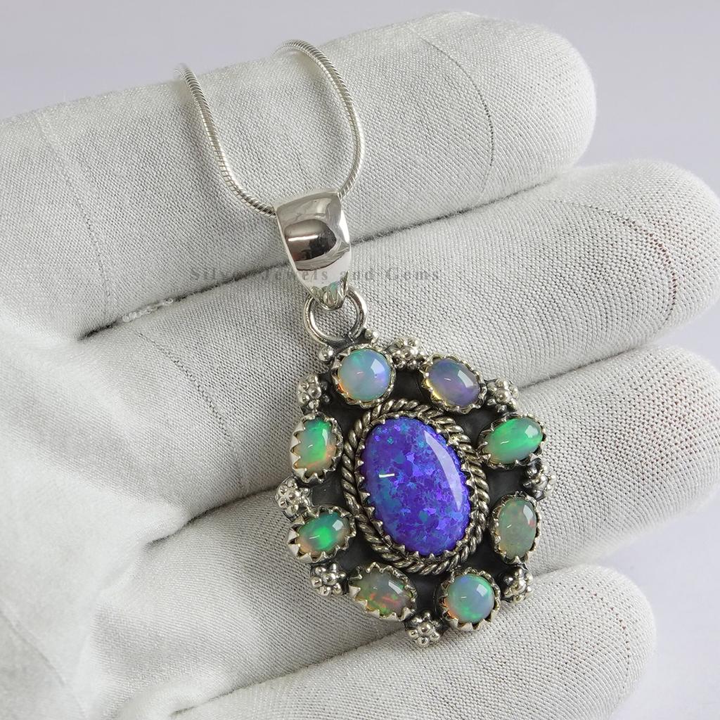 Natural Ethiopian Opal and Purple Opal Cluster Pendant, Gift for Wife, Multi Stone Pendant, 925 Sterling Silver Pendant, Fire Opal Pendant