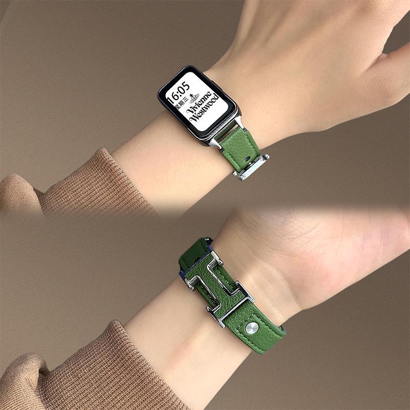 

Autumn/Winter Leather Lychee Pattern Double Buckle Watch Band for Huawei Fit4/3, Apple, Xiaomi - Women s Versatile Temperament Self-measured: 14MM