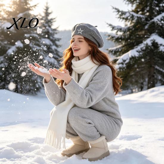 Women Knitting Hat Knitted Beret for Fall Winter, French Style Artist Cap with Rhinestone Star, Stretchy Solid Color Decorative