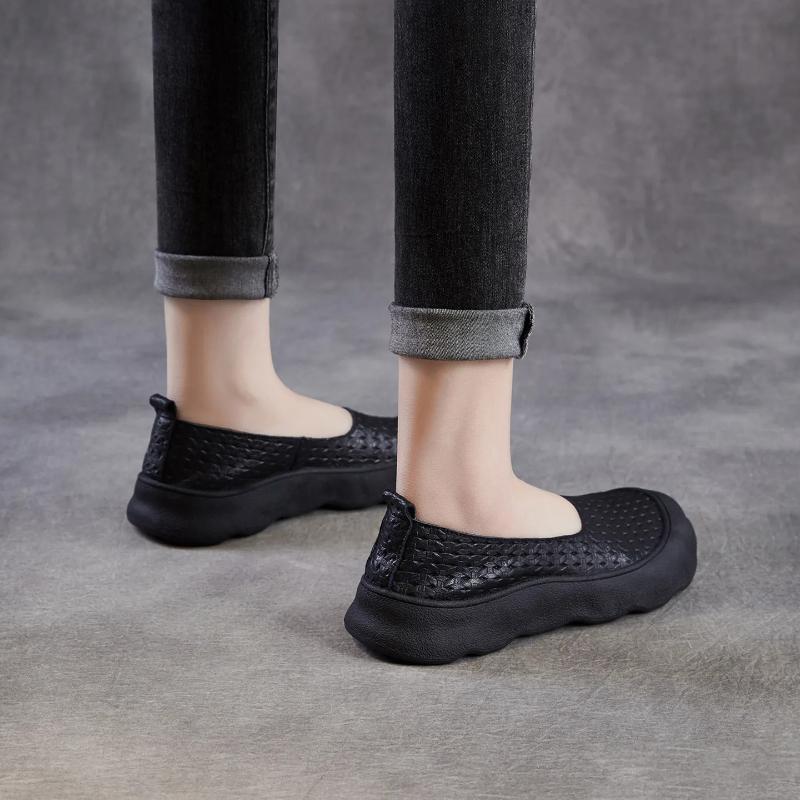 Johnature Genuine Leather Woven Retro Soft Soled Loafers Comfortable Shallow Women's Slip-on Shoes