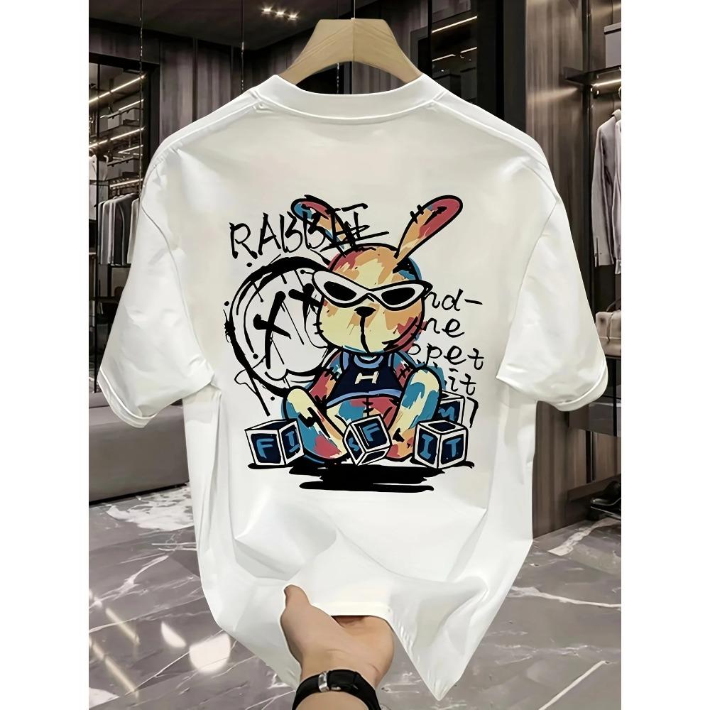 Herren Sommer 100% reine Baumwolle modisch lässig locker schwarzes Kaninchen Cartoon Muster bedruckt Rundhals Kurzarm T-Shirt Top