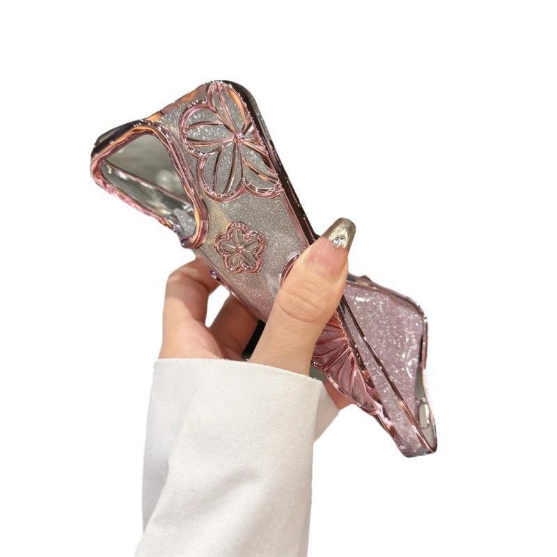Electroplated 3D Oil Painting Flower Glitter Case for iPhone 16 Pro Max/14 Pro