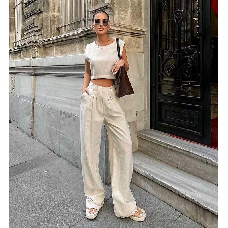 Fashion Style Summer Fashion Casual Khaki Sleeveless Top and Trousers Two-piece Set Vest and Pants Set