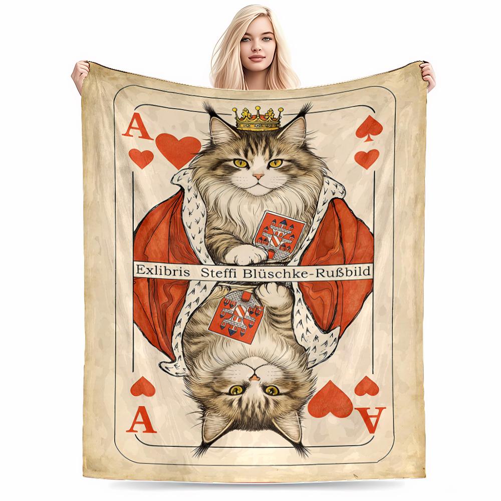 Royal Cat Playing Card Design blanket King of Hearts Style Decor blanket, suitable for use in the bedroom, living room, on the sofa
