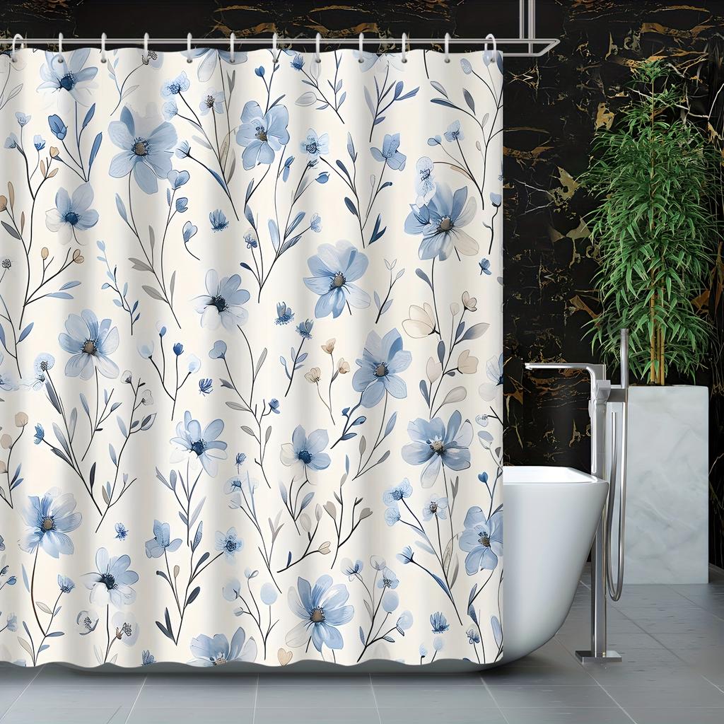 1Pc Blue Elegant Floral Botanical Small Flowers Textured Shower Curtain, Decorative Printed Shower Curtain With Hooks