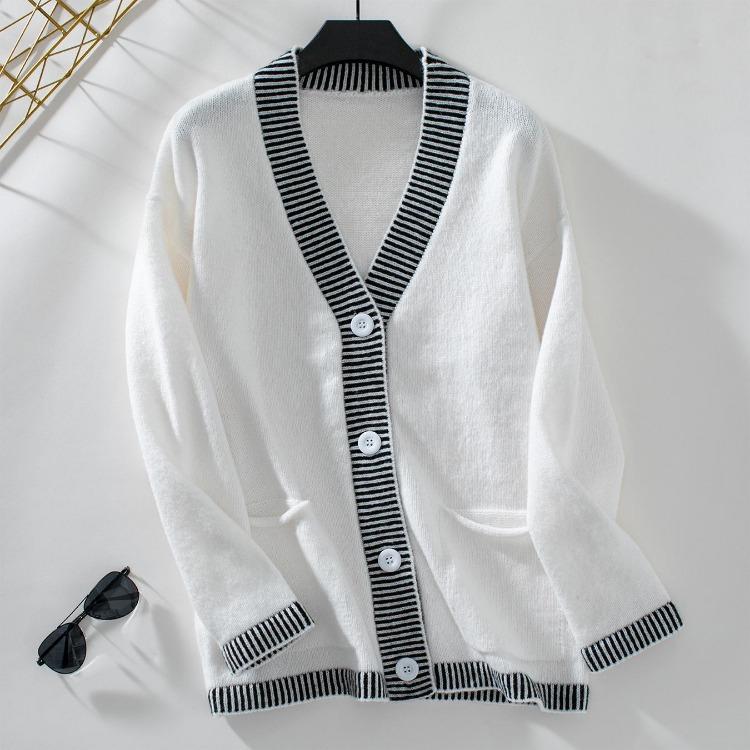 Vintage Autumn Winter Knitwear Cardigan Loose Long Sleeve V Neck Solid Color Sweater Top