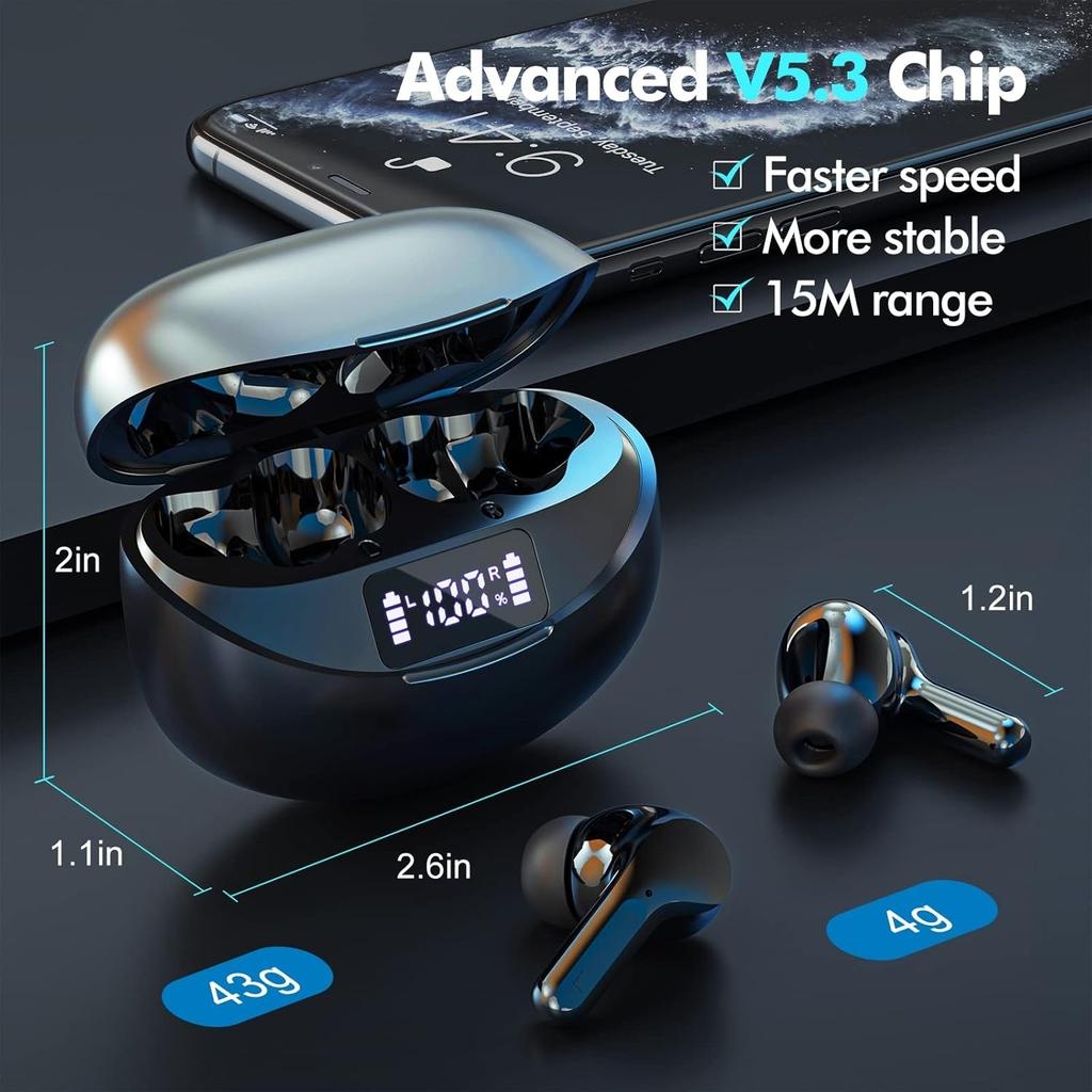 Wireless Earbuds Bluetooth 5.3 Headphones 50H Playback Ear Buds with IPX7 Waterproof, HD Microphone LED Display Earphones for iPhone and Andriod