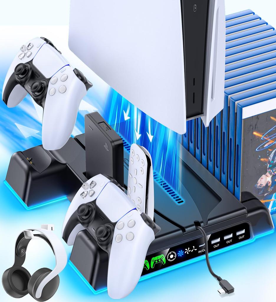 with PS5 Slim Vertical Cooling Stand with Fan and PS5 Cooling PS5 Controller Simultaneous Charge for Two Controllers with Charging Indicator Game Disc