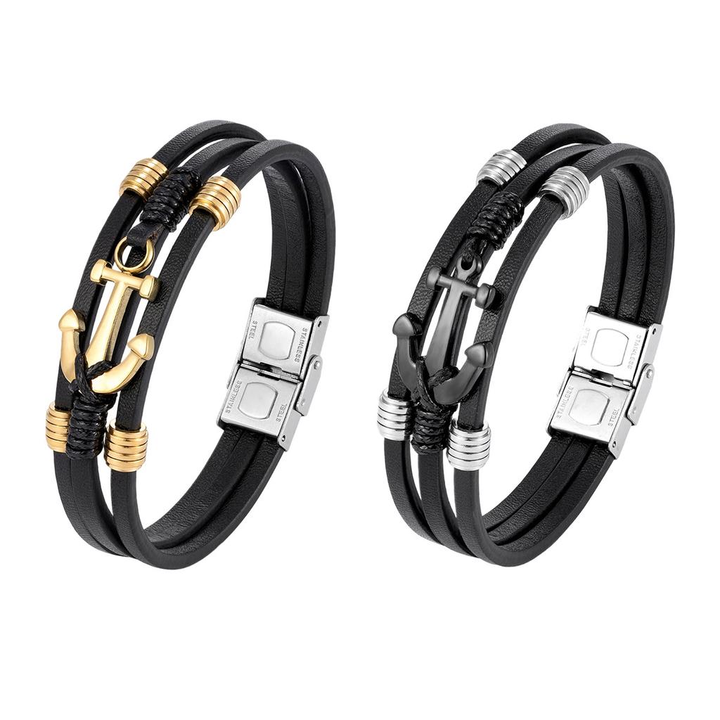 European American Ship Anchor Stainless Steel Retro Leather Bracelet Hand Woven Multi-layer Men's Titanium