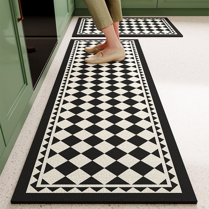 Kitchen Carpet Pvc Waterproof Leather Floor Mat Anti-slip Long Foot Mats Black Plaid Checkerboard Carpets Home Decoration Rug